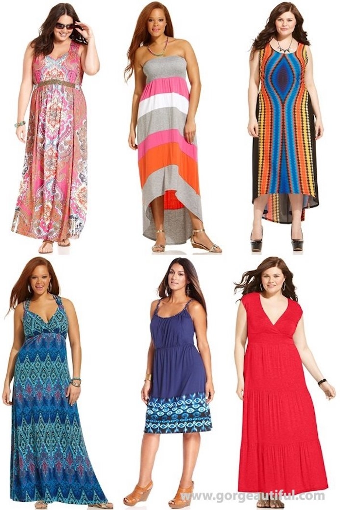 curvy brunette ladies, wearing different summer dresses, striped and patterned multicolored maxi dresses, long red gown, knee-length blue dress, with patterned hem