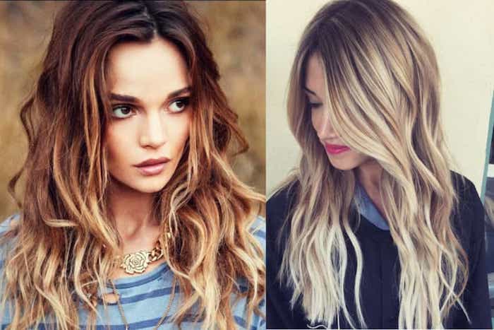 messy auburn hair, with curls and blonde highlights, and long brunette hair with light blonde balayage, on two women, with brown and blonde hair