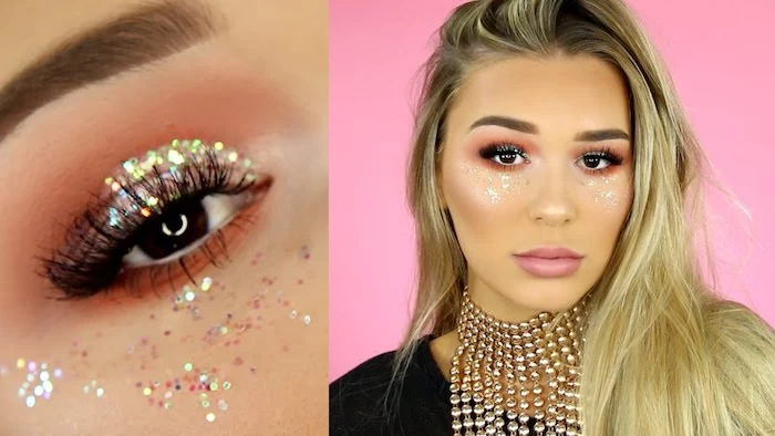 body glitter in iridescent pink, worn by blonde woman, with orange eyeshadow, and matte pink lipstick, fake eyelashes and large, chunky golden necklace