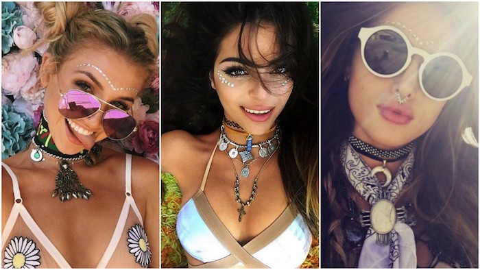 sunglasses and bikini tops, chunky boho jewelry and accessories, worn by three young women, with different hairstyles, all wearing face paint