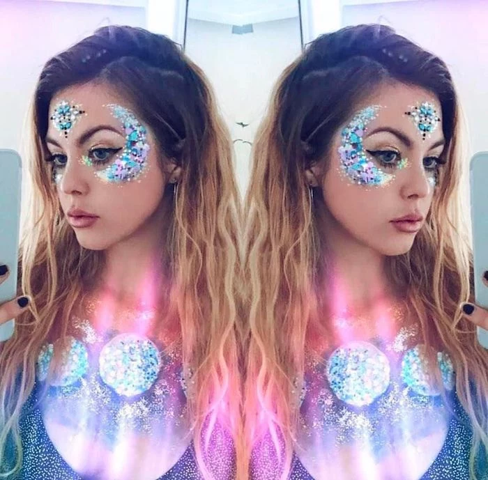 collage of a mirrored image, showing young woman, with brunette hair and blonde balayage, face and body decorated with blue and pink body glitter, creating different shapes 