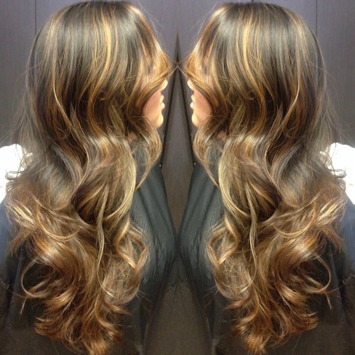 collage showing two mirrored images, of a girl with long smooth hair, bottom part curled in loose waves, dark brunette hair, with caramel highlights 