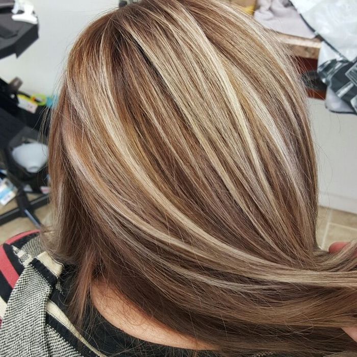 milk chocolate brown hair, long and smoothly straightened, and decorated with platinum blonde highlights, seen from the back