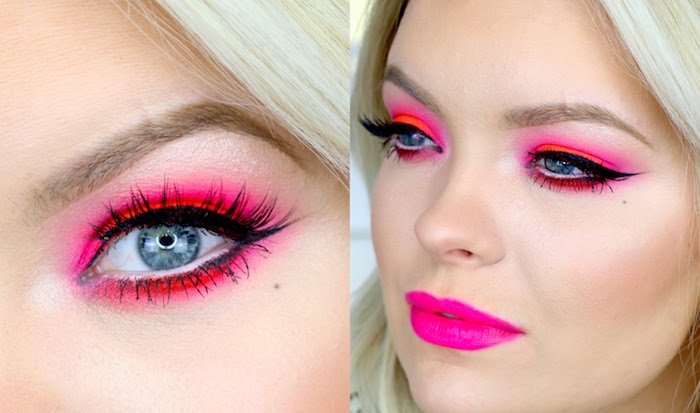 matching lipstick and eyeshadow, in bright neon pink, make up ideas, worn by platinum blonde woman, with fake lashes, and black eyeliner
