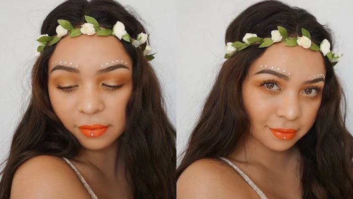 crown made of artificial white flowers, on dark brown long wavy hair, young woman with orange lipstick, pale brown eyeshadow, white face paint, and one small pearl sticker on her lips, cute makeup looks 