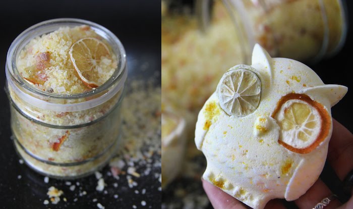 body scrub in yellow, with dried lemon slices, inside a clear glass jar, next photo shows little yellow, owl-shaped bath bomb, with dried lemon slices for eyes, what is a bath bomb