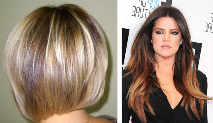 short voluminous bob, seen from the back, light brown hair with blonde highlights, next image shows one of the kardashians, with long wavy brunette hair, and dark blonde streaks