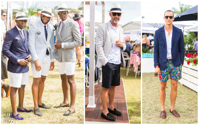 several men of different ages, wearing semi formal attire, with shorts in black, white and multicolored pattern, combined with shirts, blazers and neckties, dressy casual men, hats and sunglasses