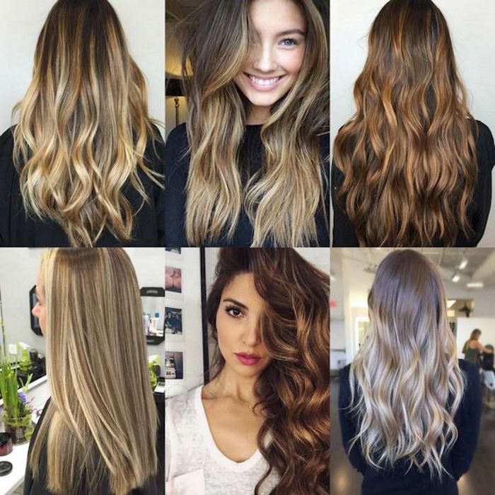 ideas for long hair, in six images, light brown hair with blonde highlights, curled and straightened, dark brunette hair, with waves and curls, seen from the front and back