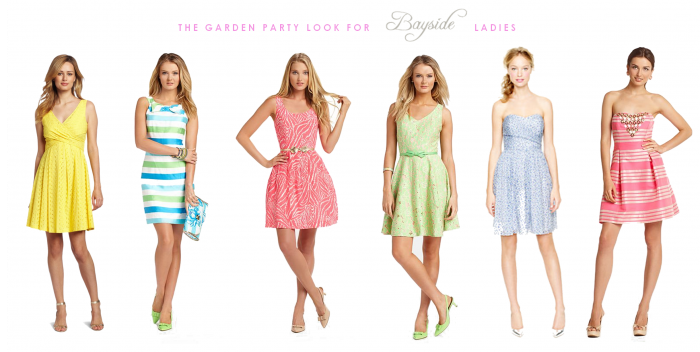 casual dress code, six different summer dresses, in yellow or coral pink, pale green or blue, striped or featuring different prints