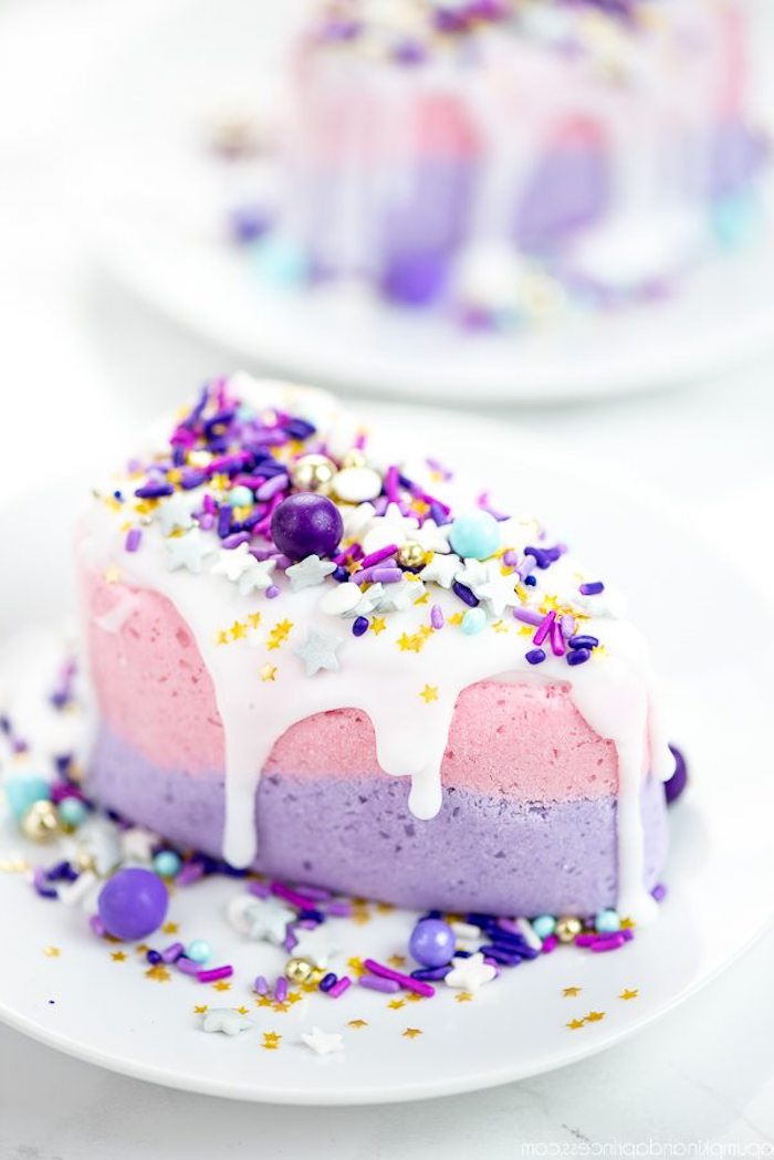 cake slice diy bath bombs, in pale pastel purple and pink, decorated with white topping, sprinkles and various multicolored beads, in different sizes and shapes 