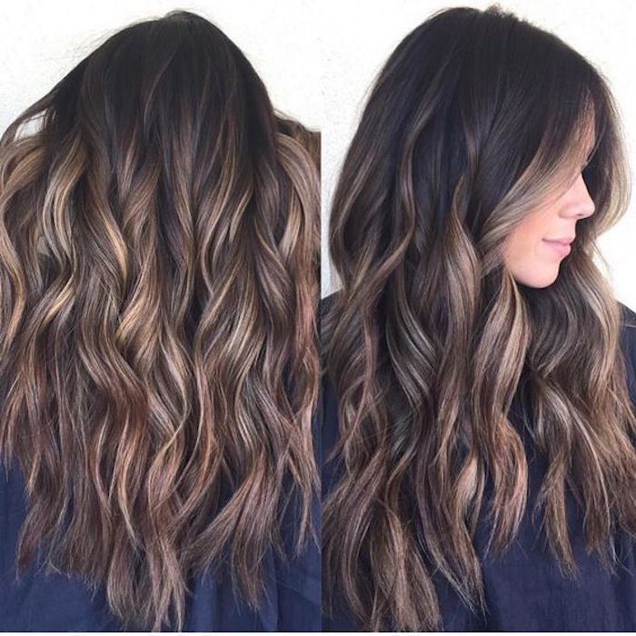 hair highlights in blonde, on dark brunette hair, with contrasting look, styled in loose curls, and seen from two angles, the back and the side