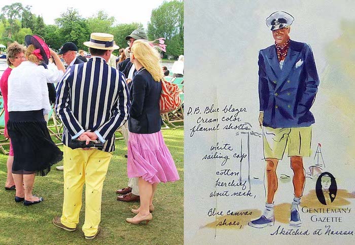 drawing of a sea captain, wearing yellow shorts, dark blue blazer, and a captain's hat, next image shows man in striped, blue and white blazer, yellow trousers and straw hat