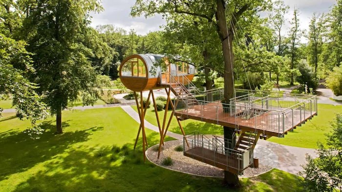 lush green park, with many trees, containing a modern, tubular adult treehouse, made from glass and wood, staircase built around a large tree
