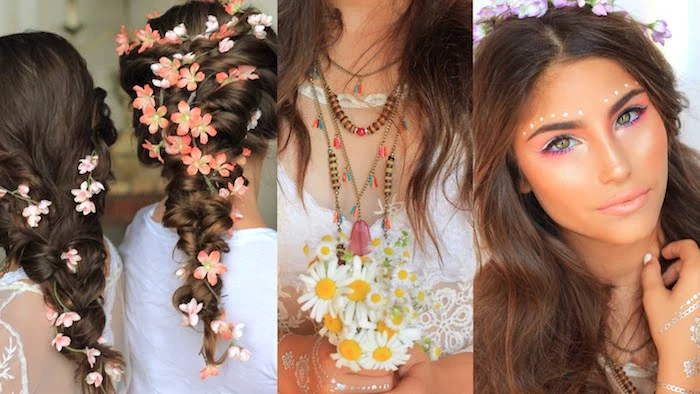 braided brunette hair, decorated with flowers, boho clothes and accessories, cute makeup looks, with pink and silver eyeshadow, bronze highlighter and white face paint