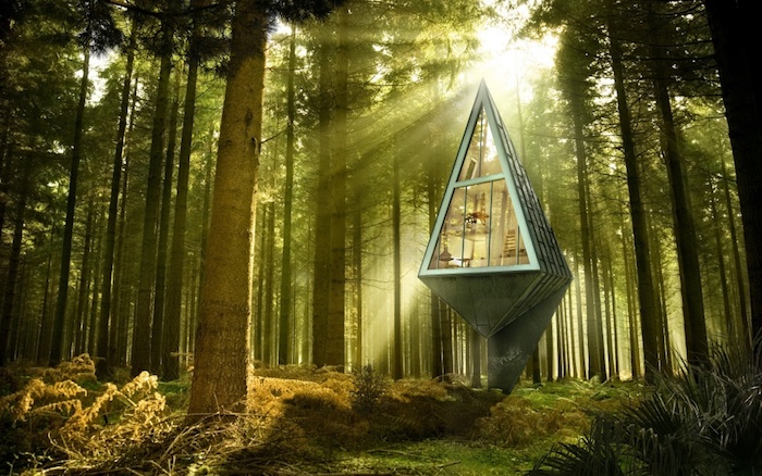diamond-shaped pale green treehouse, made from metal and glass, placed inside a sunny forest, green fir trees, moss and grass