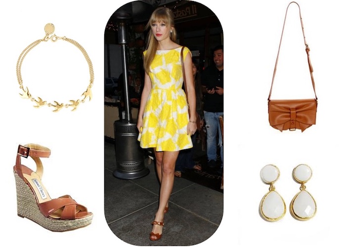 tea dress in white and yellow, with floral pattern, worn by taylor swift, casual dress code, brown leather wedges, necklace and earrings, brown shoulder bag