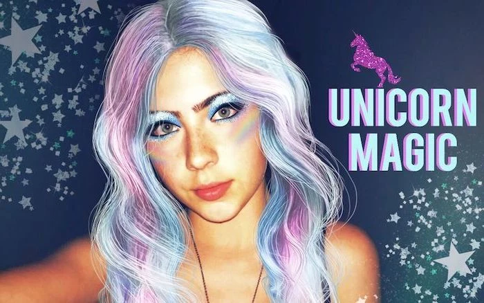 enhanced image of a young woman, with unicorn makeup, and white hair, decorated with pastel blue and pink strands, wearing sparkly bright blue eyeshadow, and rainbow colored blush