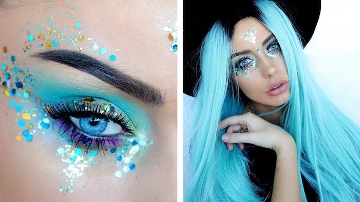 icy blue eyes, eyelids covered with yellow, silver and blue glitter, and light blue and purple eyeshadow, unicorn makeup, girl with long light blue hair, and black roots, wearing a glitter decoration on her forehead