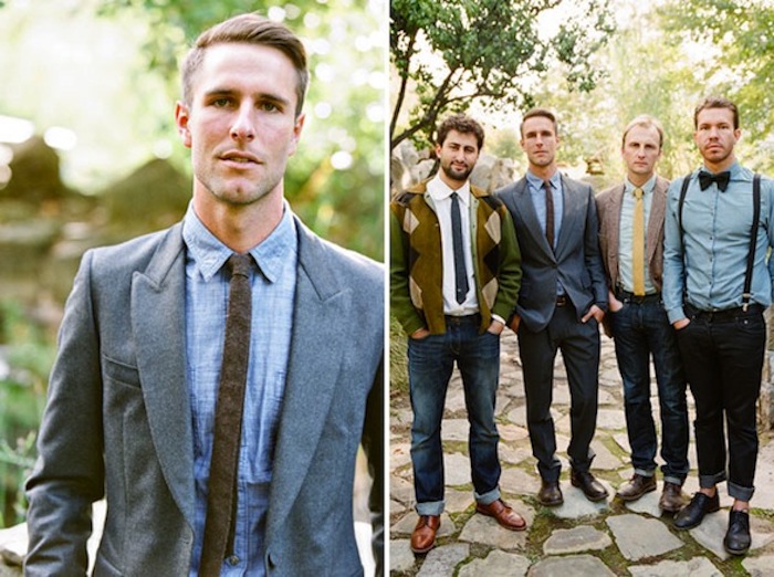 denim shirt worn with a grey woolen blazer, and dark grey necktie, by blonde man, semi formal dress code, next photo shows four men in similar attire