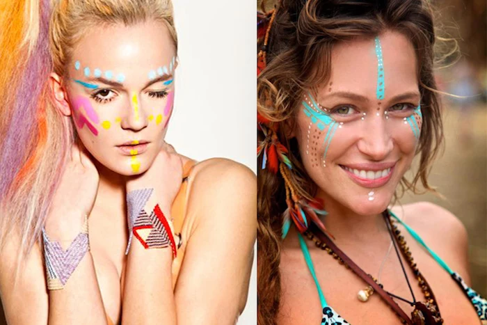 tribal face paint, in bright colors, teal and pink, red and yellow, white and turquoise, worn by two different women 