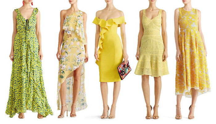 five yellow dresses, in different styles and lengths, what is semi formal attire, maxi boho gown with green pattern, asymmetrical floral midi dress