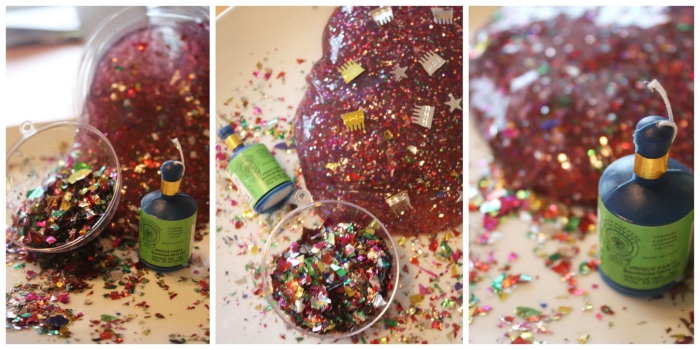 sequins and confetti, glitter and other decorations, near a bowl of purple goop, slime recipe with borax, seen from different angles