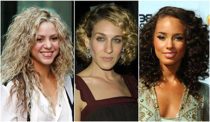sarah jessica parker, shakira and alicia keys, all with curly hair, styled in different ways, messy curls and a bob, shoulder length curly hair with side part