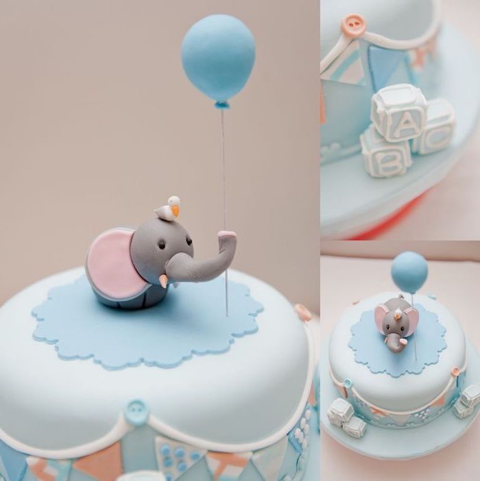 three images showing a light blue cake, decorated with pale fondant shapes, and topped with a little grey elephant figurine, holding a blue balloon, elephant baby shower cake