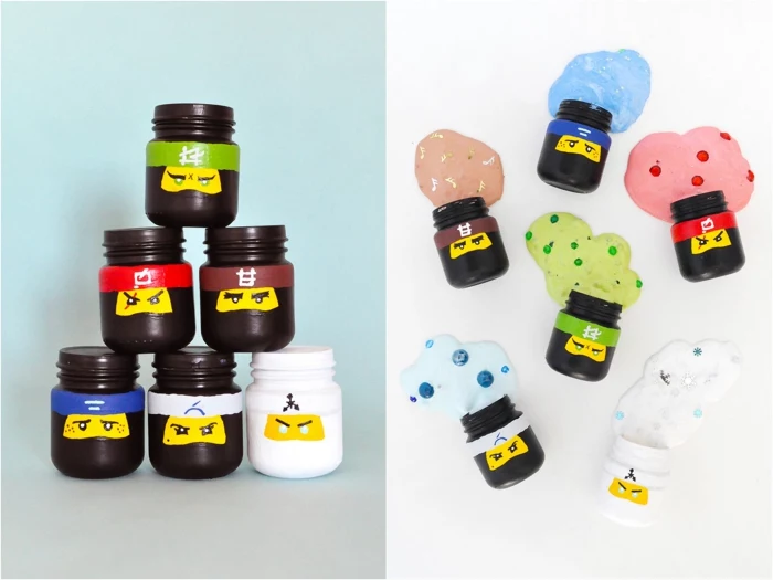 lego ninjago inspired slime pots, six small jars, painted in black and white, and decorated with different colors, stacked into a pyramid, how to make slime with borax, next image shows different slime, seeping from each jar