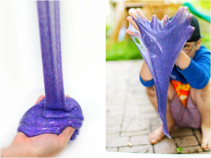 how to make slime, sparkling shiny goo in purple, with pink and blue glitter, being poured on a hand, and being played with by a young boy