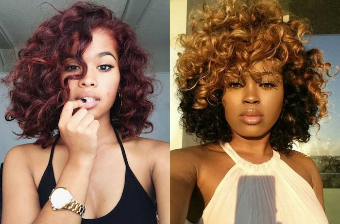 caramel and black, two tone short curly hair, worn by black woman, in a white halter neck top, burgundy red short curly bob, worn by young black woman, in black strappy top