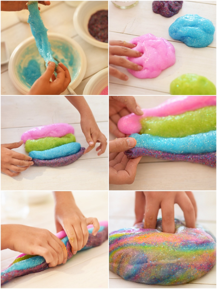 six images showing how to make slime, small hands twisting a piece of light blue goo, four piles in different colors, pink and green, blue and purple