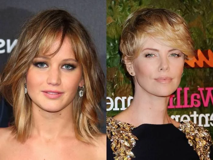 actresses wearing short, and medium length hairstyles for thin hair, jennifer lawrence with messy long bob, and side part, and charlize theron, with pixie cut, and textured side bangs