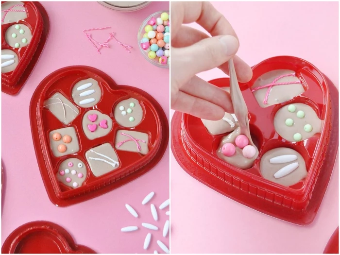 valentine's day gift, pale beige inedible chocolates, made from slime, slime recipe with borax, decorated with beads in different shapes and colors