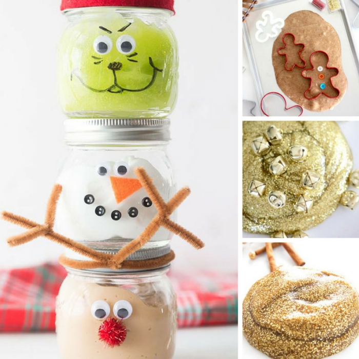 the grinch and a snowman, and Rudolph the red nosed reindeer, made from small jars, filled with green, white and brown elmer's glue slime, gold glitter goo, and cookie dough slime