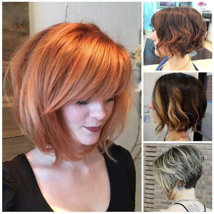 four images showing different bobs, short sassy haircuts, ginger red and straight, with side bangs, curled with highlights, dark brunette with platinum strands