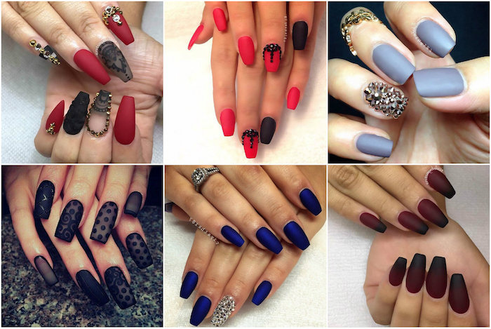 six images showing examples of matte coffin nails, with different colors of nail polish, red with black, grey with rhinestones, sheer lace-like black, electric blue and deep cherry red