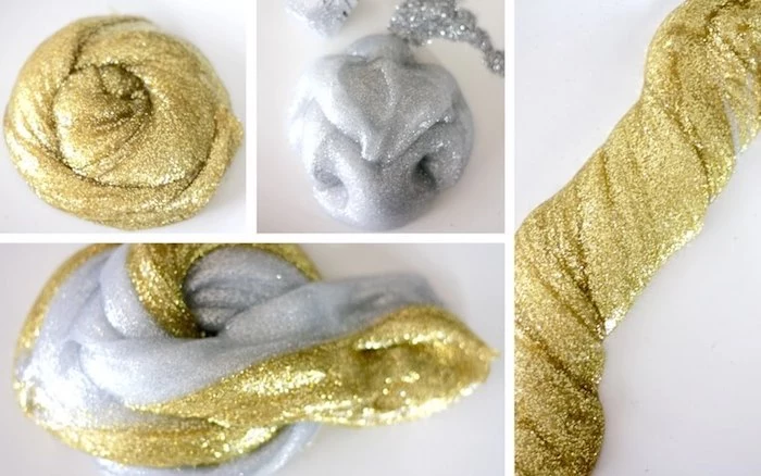 four images showing silver, and gold slime without borax, separated and twisted together, in different shapes, metallic with added glitter