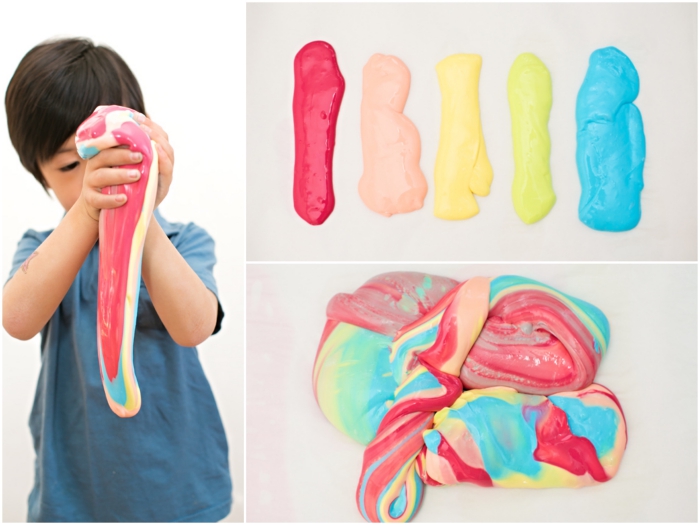 brown-haired child, playing wth a large piece of fluffy slime, next image shows five strips of goo, in different colors, and a large multicolored pile