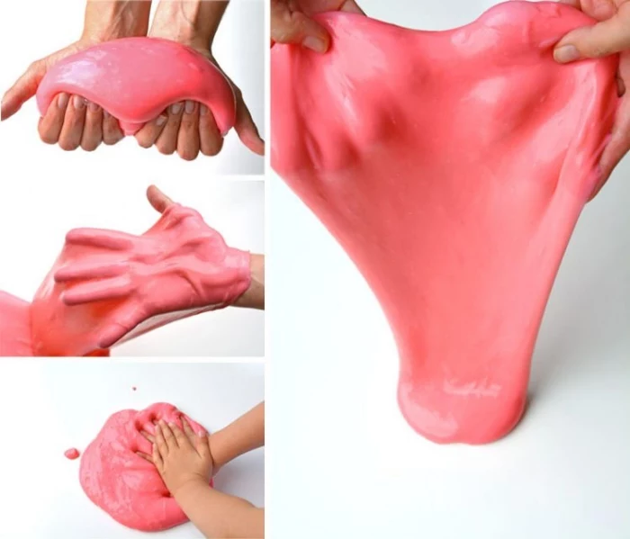 kneading and stretching, pressing and playing, with coral pink slime, how to make slime with shaving cream, two hands and a white surface 