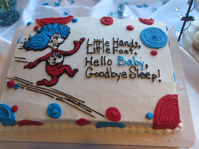 cat in the hat, dr. seuss-inspired cake, in white and blue, red and brown, baby shower sheet cakes, with a little funny rhyme