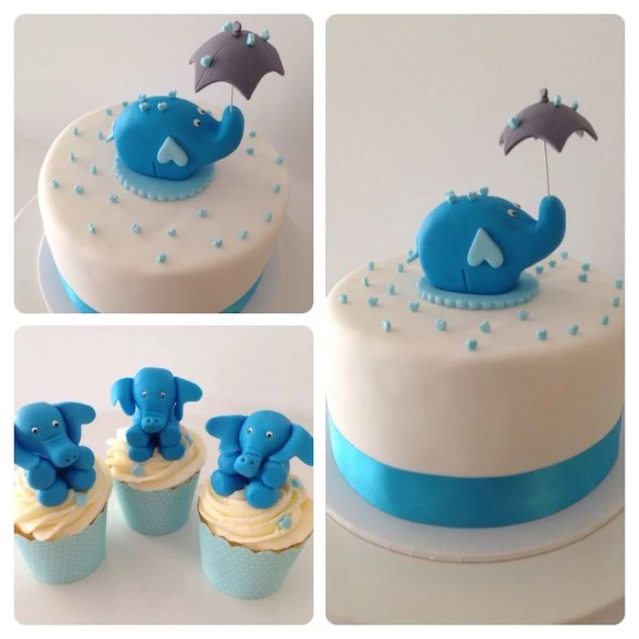 umbrella in grey, held by a small blue elephant figurine, topping a smooth white cake, with blue sprinkles, and a shiny blue bow, elephant baby shower cake, and three elephant cupcakes