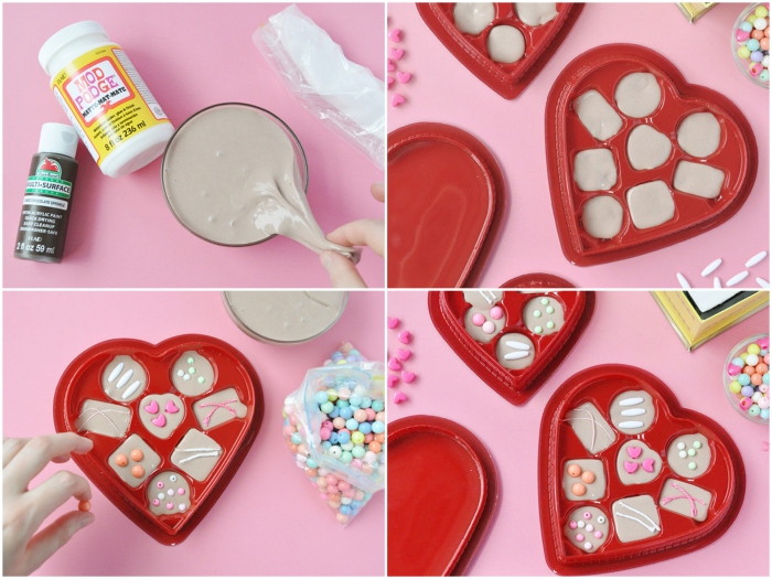 red plastic heart-shaped candy box, containing chocolates made from slime, slime recipe with borax, glue and shaving cream
