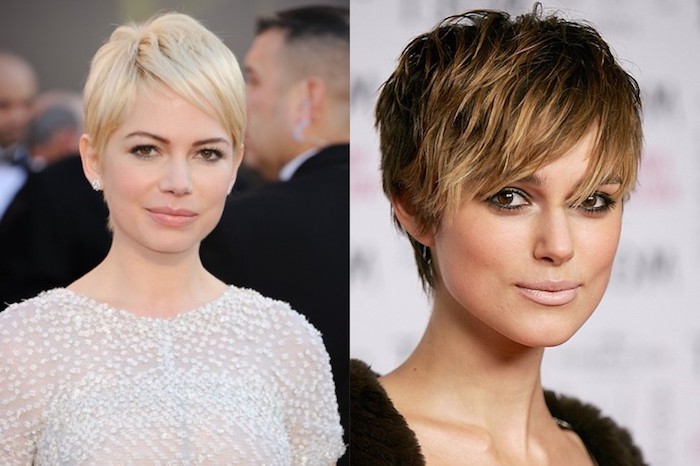 examples of short pixie cuts with bangs, haircuts for fine thin hair, blonde with deep side part, textured brunette with shaggy bangs, and blonde highlights