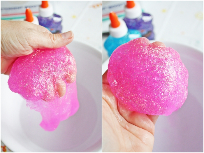 elmer's glue slime, hot pink with added fine glitter, being kneaded by a hand in one photo, and simply held in another