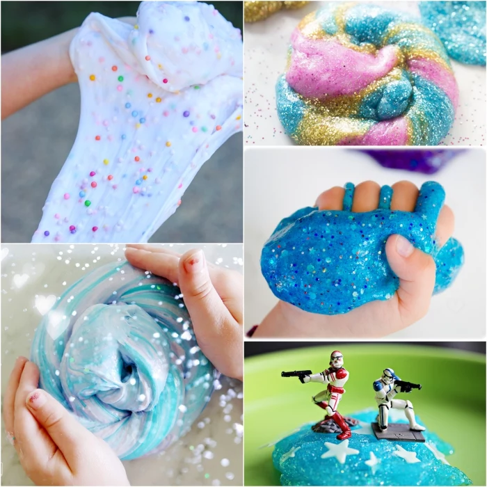 different kinds of slime, textured pink slime with beads, elmer's glue slime, unicorn glitter slime, blue mermaid slime, turquoise slime with stars and toys