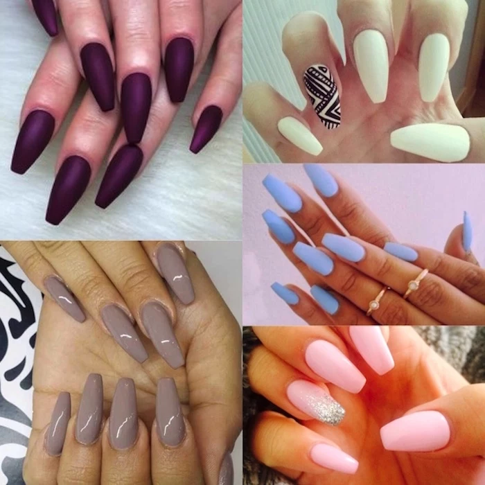 collage showing five different styles of long coffin nails, dark matte purple, glossy beige and white with a black detail, baby blue and baby pink, with silver glitter