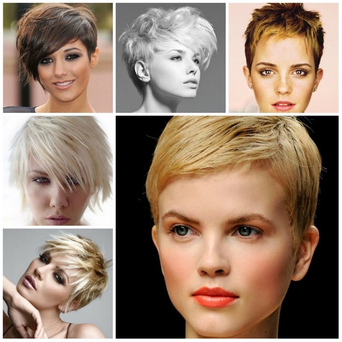 emma watson and other celebrities and models, wearing different pixie cuts, short and longer, textured and smooth, blonde and brunette, haircuts for fine thin hair 