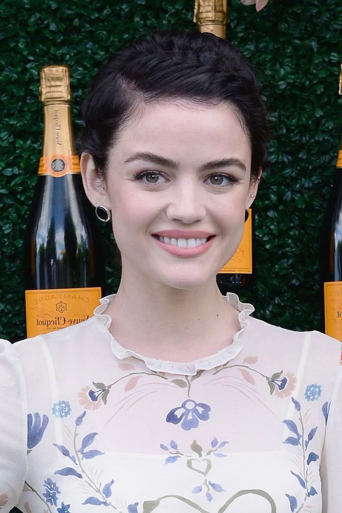 braided short dark brunette hair, haircuts for fine thin hair, worn by smiling young woman, wearing a floral blouse, and pale pink lipstick